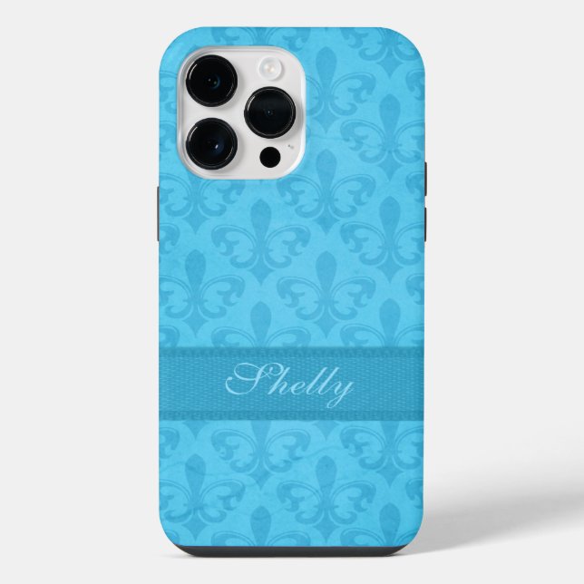 Coque iPhone Nommé Fleur de Lis damassé bleu  (Verso)