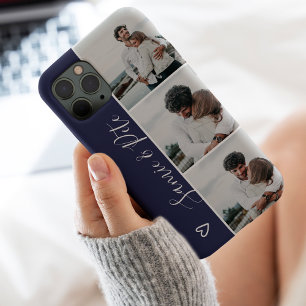 Etui iPhone 13 Noms de couple bleus modernes grille de collage de