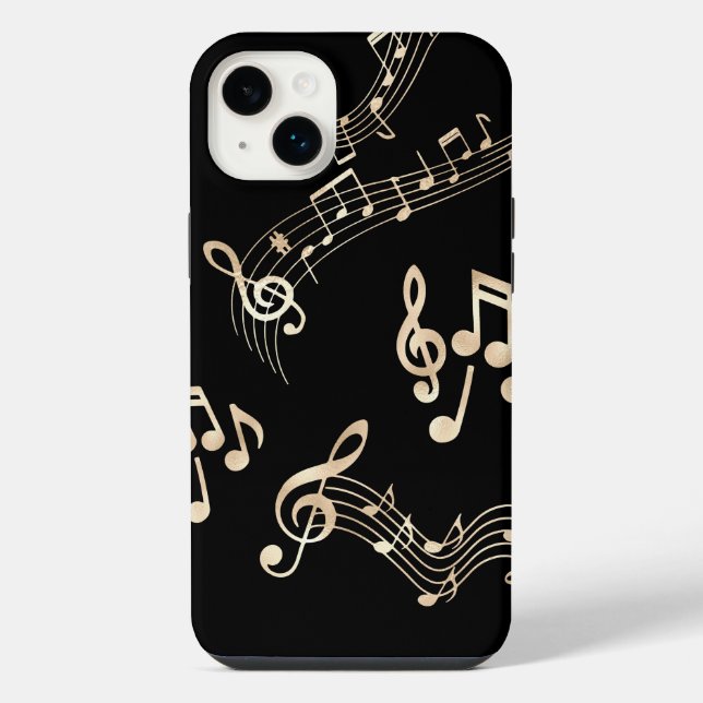 Coque iPhone Notes de musique dorées sur fond noir (Verso)