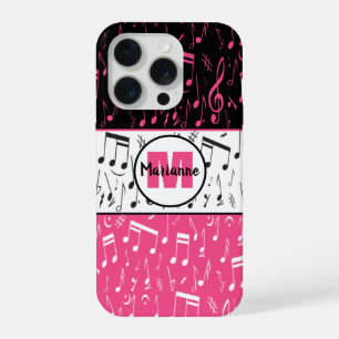 Coque iPhone 15 Pro Notes de musique noir rose et blanc