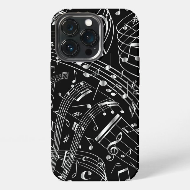 Coque iPhone Notes de musique noires et argentées (Dos)
