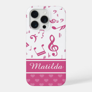 Coque iPhone 15 Pro Notes de musique personnalisées et motif de cœurs
