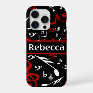 Coque iPhone 15 Pro Notes de musique personnalisées Rouge Blanc et Noi