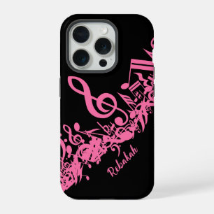 Coque iPhone 15 Pro Notes de musique rose vif sur fond noir