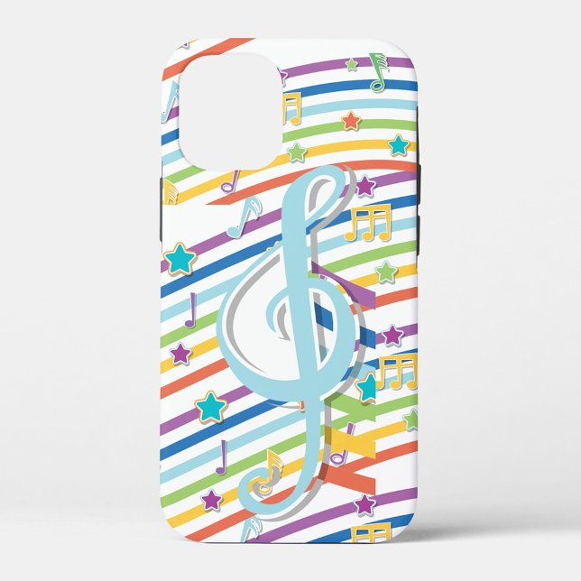 Coque iphone Notes musicales (A white phone case with a pattern of diagonal stripes in rainbow colors.)