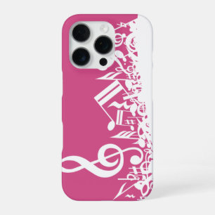 Coque iPhone 16 Pro Notes musicales brouillées Hot rose et blanc