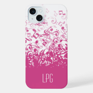 Coque iPhone 15 Plus Notes musicales de pluie de monogramme Fuchsia ros