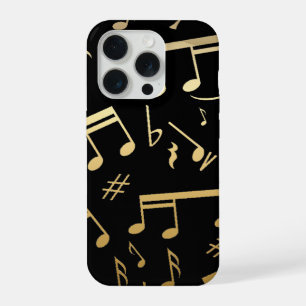 Coque iPhone 15 Pro Notes musicales d'or sur arrière - plan noir