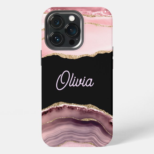 Coque iPhone Nuances d'agate rose et paillettes dorées - Monogr (Dos)
