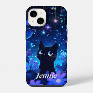 Coque Pour iPhone 14 Nuit étoilée Mignon Anime Chat noir