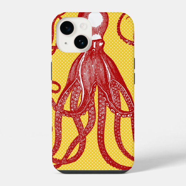 Coque iPhone Octopus antique sur microdot jaune (Verso)