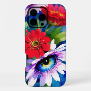 Coque iPhone 16 Pro Max Œil Bleu Surréaliste Fleur Rose & Zénies Rouges