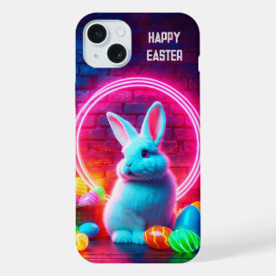 Coque iPhone 15 Plus Oeuf lapin de Pâques charmant païen élégant néon