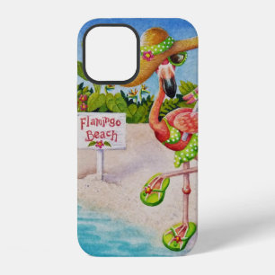 Coque iPhone 12 Œuvre d'art aquarelle flamant rose Babe de plage f