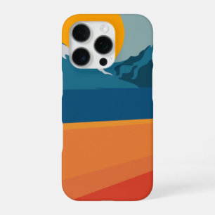 Coque iPhone 16 Pro Œuvre d'art de paysage de montagne rétro orange bl