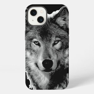 Etui iPhone 13 Œuvre d'art loup noir et blanc