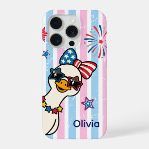 Coque iPhone 15 Pro Oie de dessin animé patriote personnalisée Peekabo