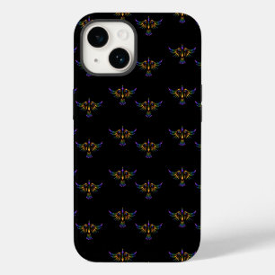 Coque Pour iPhone 14 Oiseau abstrait or, violet et vert sur fond noir