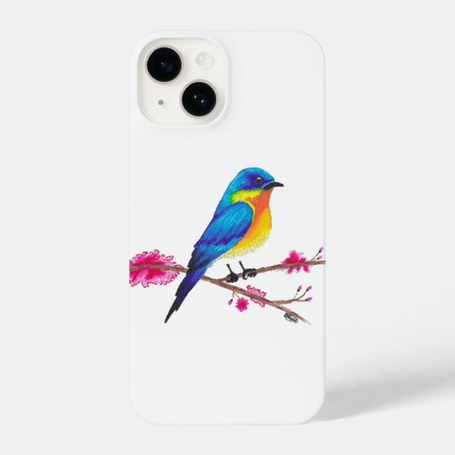 Coque iPhone Oiseau bleu et jaune avec des fleurs roses en dess (Verso)