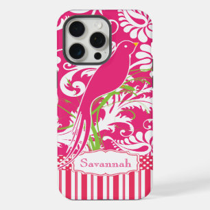 Coque iPhone 15 Pro Max Oiseau de l'amour en damas rose vintage personnali