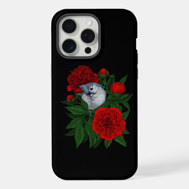 Coque iPhone Oiseau sur un bouquet de pivoine rouge (Verso)