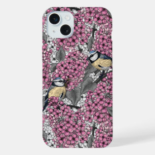 Coque iPhone 15 Plus Oiseaux dans un jardin de lilas rose