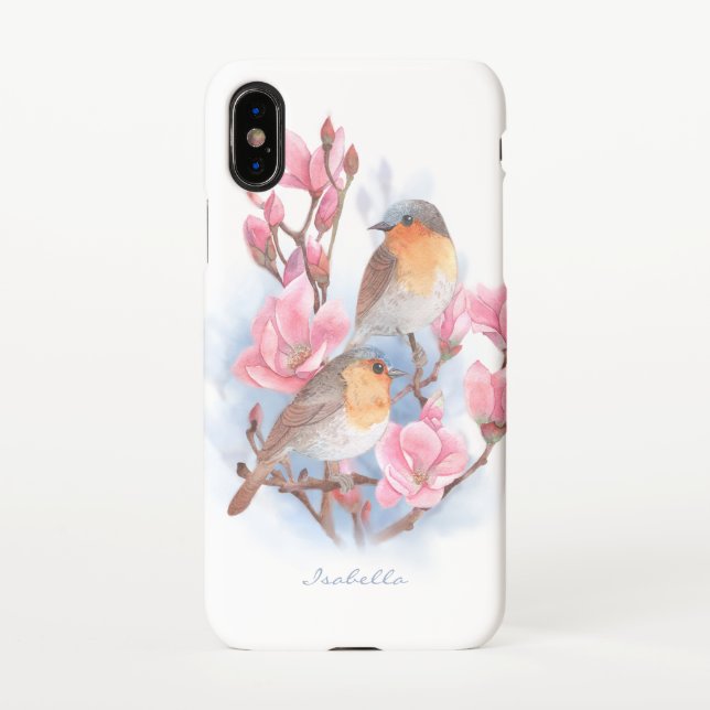 Coque iPhone Oiseaux D'Aquarelle Dans Un Arbre De Magnolia Déno (Dos)
