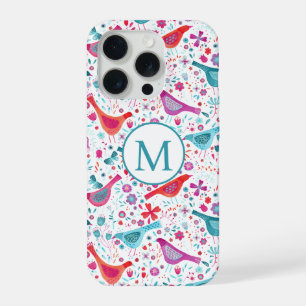 Coque iPhone 15 Pro Oiseaux et fleurs de monogramme à l'aquarelle mode