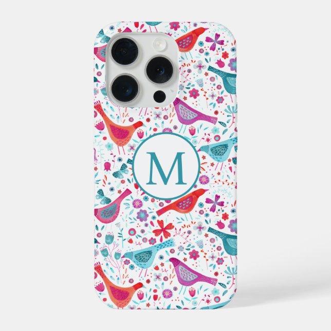 Coque iPhone Oiseaux et fleurs de monogramme à l'aquarelle mode (Verso)