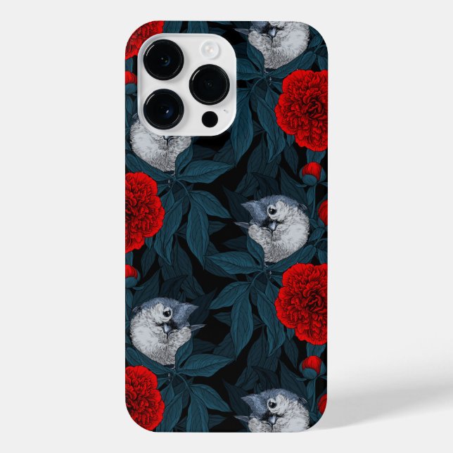 Coque iPhone Oiseaux et fleurs de pivoine rouges avec feuilles  (Verso)