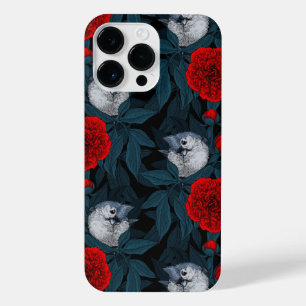 Coque Pour Pour iPhone 14 Pro Max Oiseaux et fleurs de pivoines rouges avec feuilles