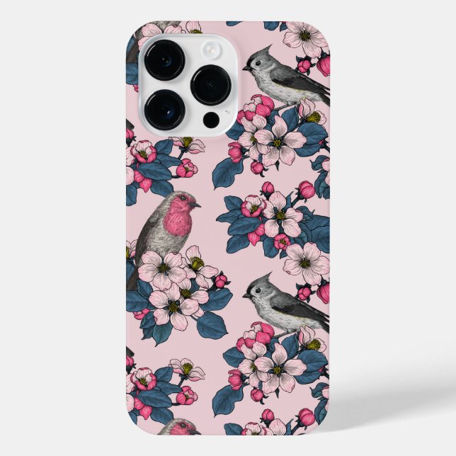 Coque iPhone Oiseaux et fleurs roses (Verso)