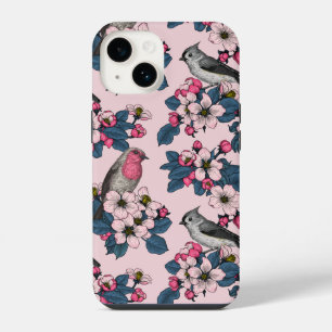 Coque Pour iPhone 14 Oiseaux et fleurs sur fond rose