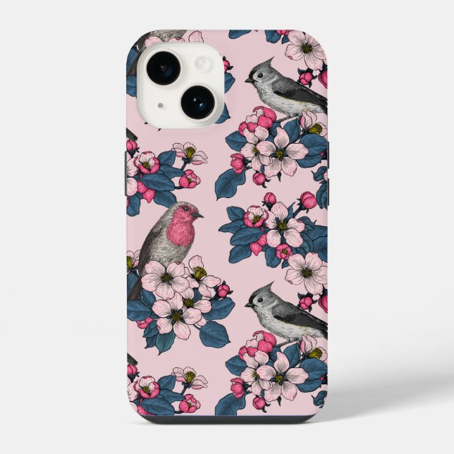 Coque iPhone Oiseaux et fleurs sur fond rose (Verso)