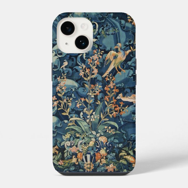 Coque iPhone OISEAUX, FLEURS ET FEUILLES DE CABBAGE, Bleu (Verso)