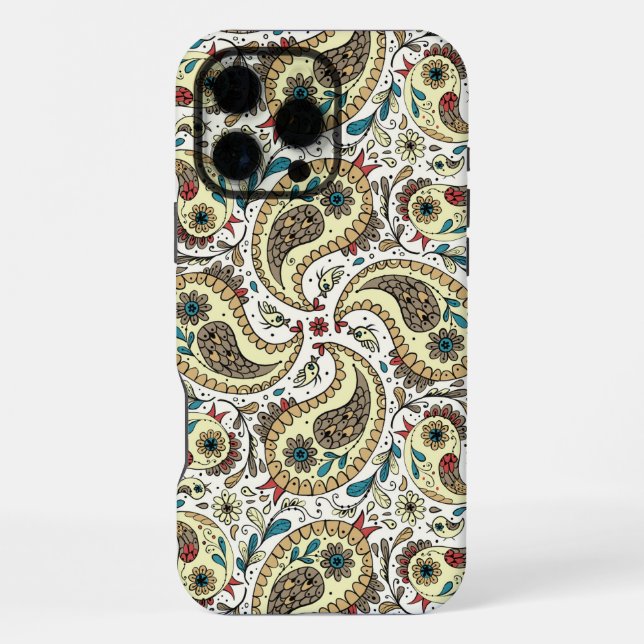 Coque iPhone Oiseaux Paisley jaune/marron et blanc (Verso)