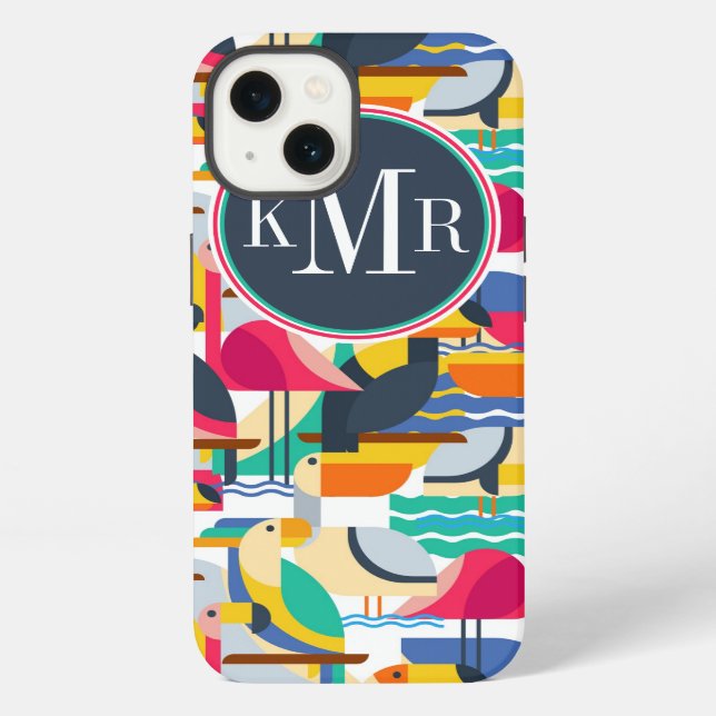 Coque iPhone Oiseaux Tropicaux Géométriques | Monogramme (Verso)