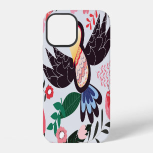 Coque iPhone 12 Oiseaux tropicaux, motif de gribouillis à fleurs.