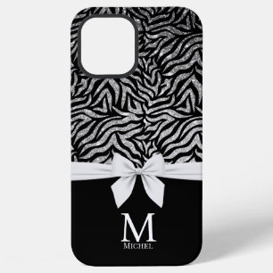 Coque iPhone 12 Pro Max Ombre argent Parties scintillant Zebra Stripes Bow