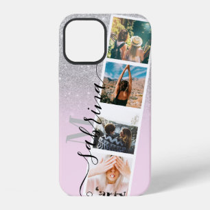 Coque iPhone 12 Ombre argenté 4 grille de collage de photos monogr
