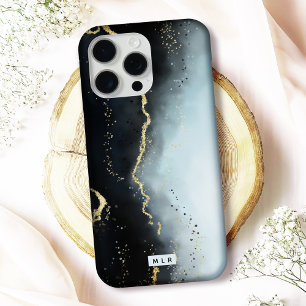 Coque iPhone 15 Pro Max Ombre Brume Éthérée Bleu Nuit Monogramme Aquarelle