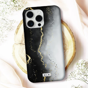 Coque iPhone 16 Pro Ombre Noir & Or Agate Moderne Monogramme