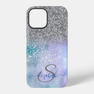 Coque iPhone 12 Ombre Paillettes Argent Élégant, Monogramme Diaman