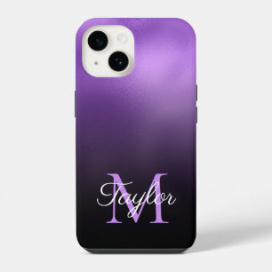 Coque Pour iPhone 14 Ombre Violet Noir et Lilas Faux Feuille Monogramme