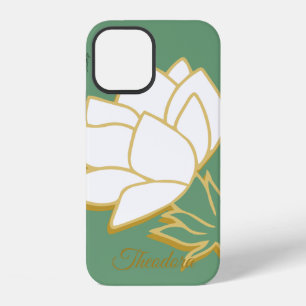 Coque iPhone 12 Or Blanc Classique Fleur Élégant Fond Vert