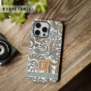 Coque iPhone 15 Pro Max Or blanc personnalisable gris bleu Paisley