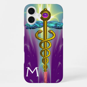 Coque iPhone 16 Plus OR CADUCUS MÉDICALE SYMBOLE vert pourpre Monogramm