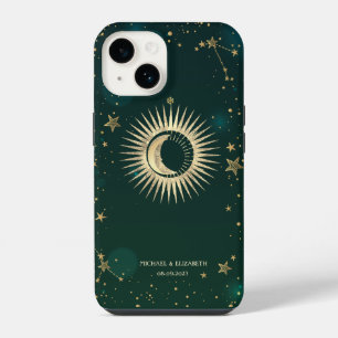 Coque Pour iPhone 14 Or céleste Soleil Et Lune Étoiles Vert