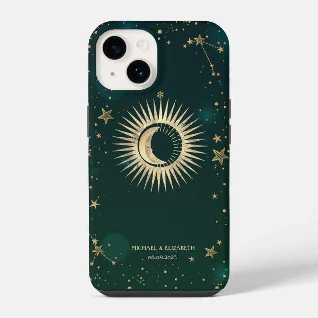 Coque iPhone Or céleste Soleil Et Lune Étoiles Vert (Verso)
