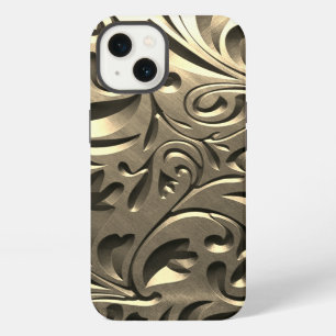 Etui iPhone 13 Or élégant gravé aspect métal floral abstrait